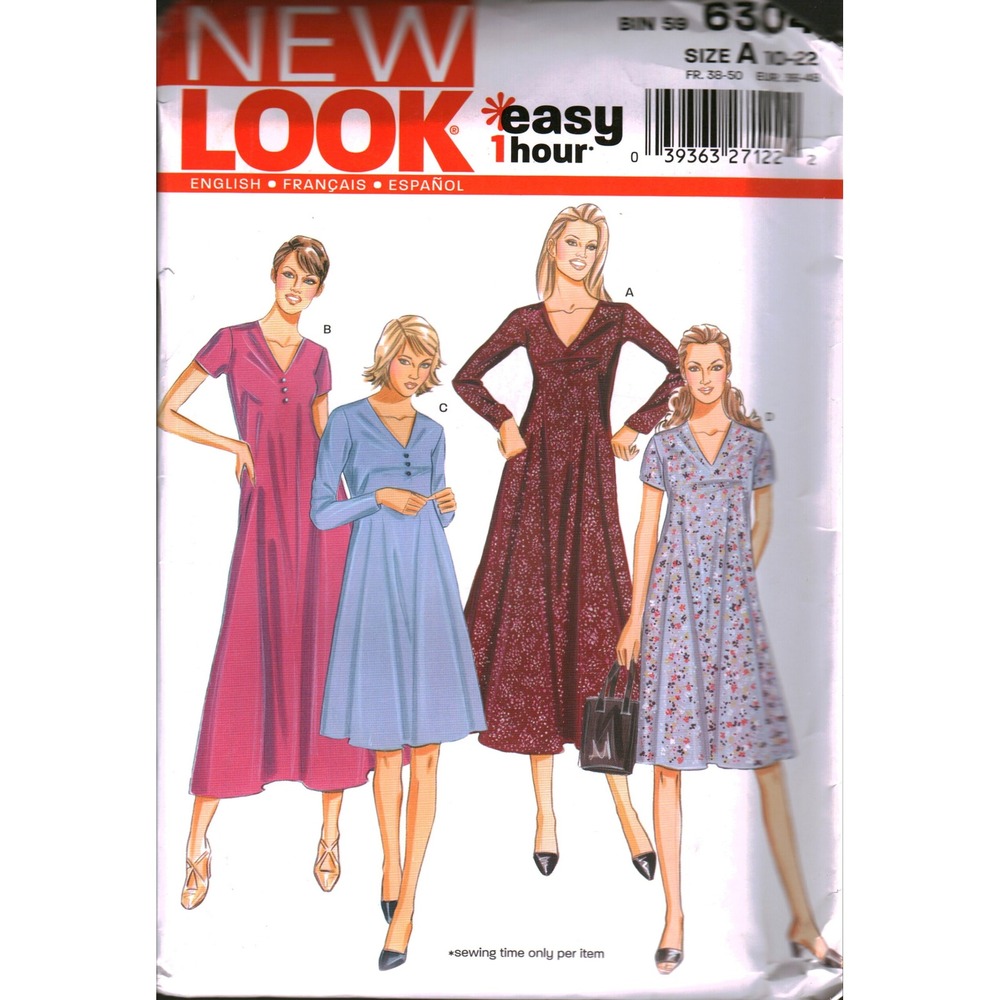 New Look 6304 Sewing Pattern Misses Dresses Size 10-22 V-Neck Flared Skirt Easy